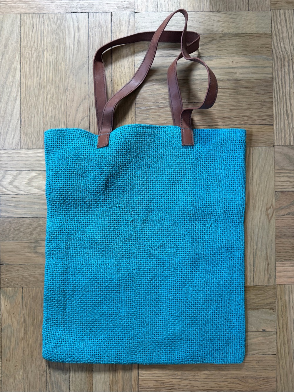 NEW Blue Woven Tote Bag with Brown Leather Straps